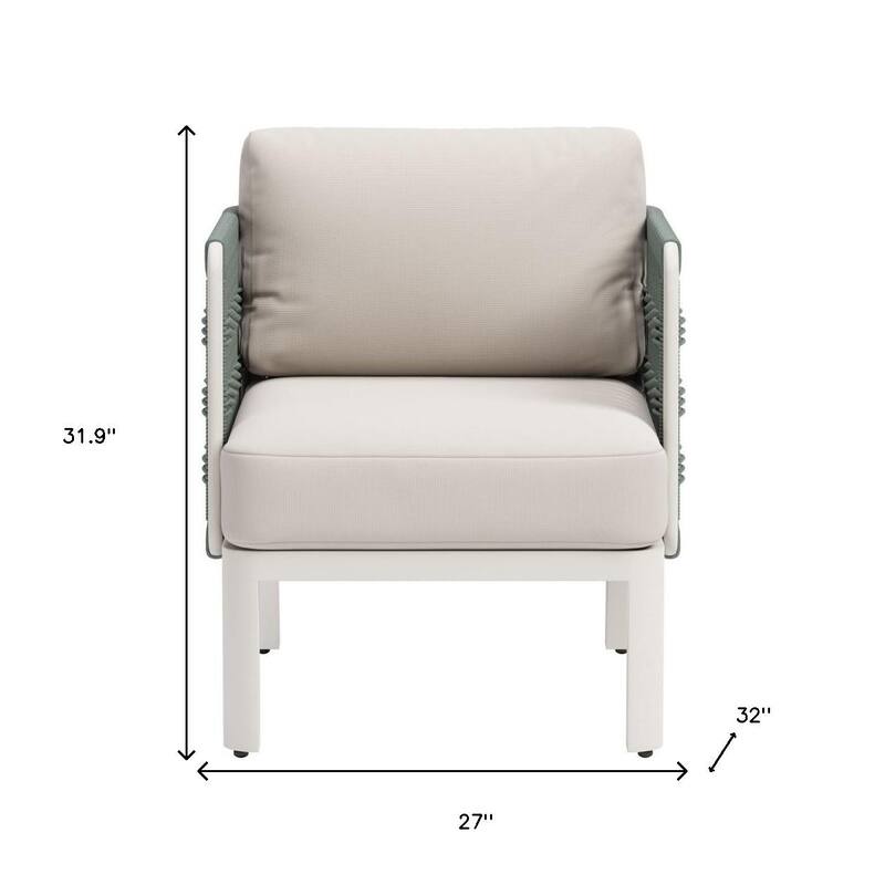 27" Green And White Aluminum Outdoor Accent Chair with White Cushion