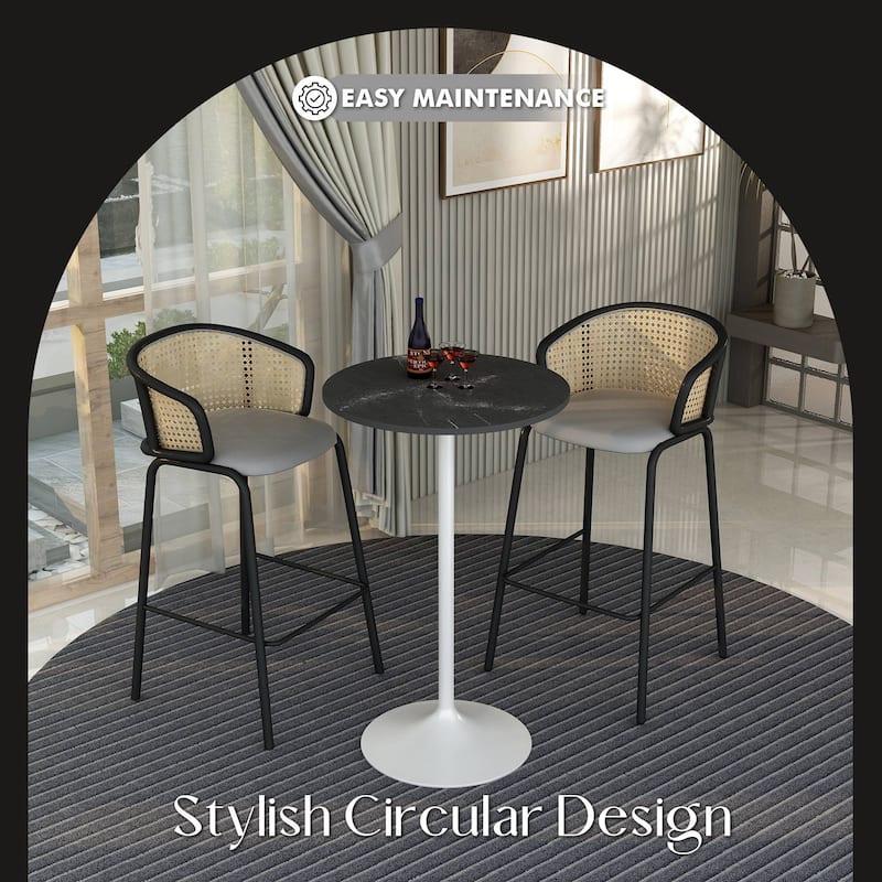 LeisureMod Verve 27" Bar Dining Table with Sintered Stone Round Top in White Steel, White Marbleized