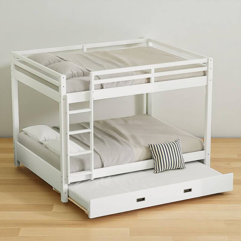 Wood Queen Bunk Bed Frame with Ladder and Trundle, Slatted Support, Safe Railings, Easy Assembly Included