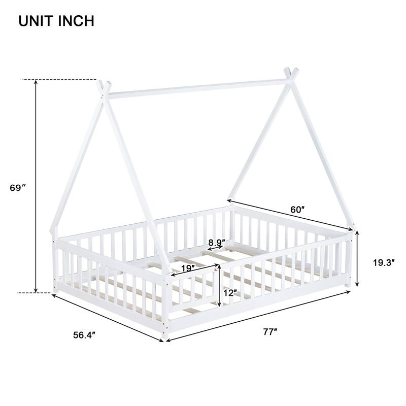 Full Size Rubber Wood Tent-shaped Floor Bed with Guardrails