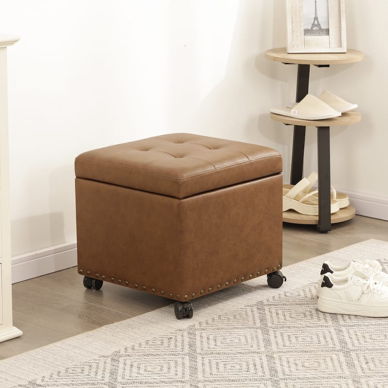 Adeco Bonded Leather Storage Ottoman Square Tufted Cube Footstool