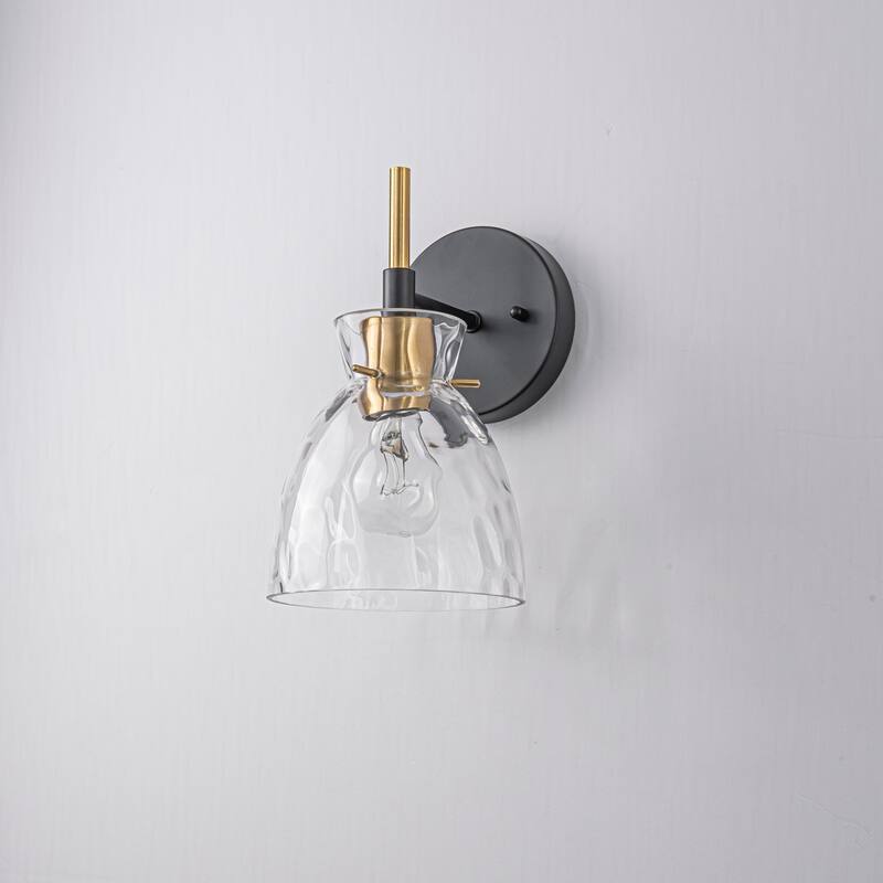 1-Light/3-Light Matte Black and Antique Brass Bathroom Vanity Light with Water-Rippled Glass Shade