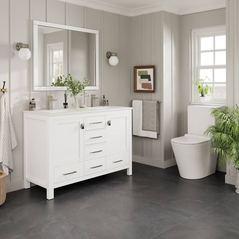 Eviva London 54"W x 18"D White Double Sink Bathroom Vanity with White Carrara Quartz Vanity Top