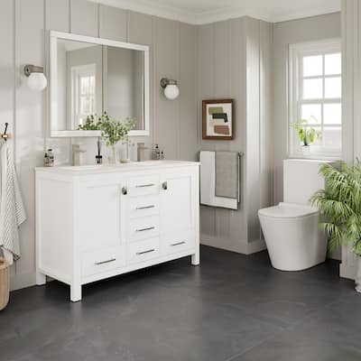 Eviva London 54"W x 18"D White Double Sink Bathroom Vanity with White Carrara Quartz Vanity Top