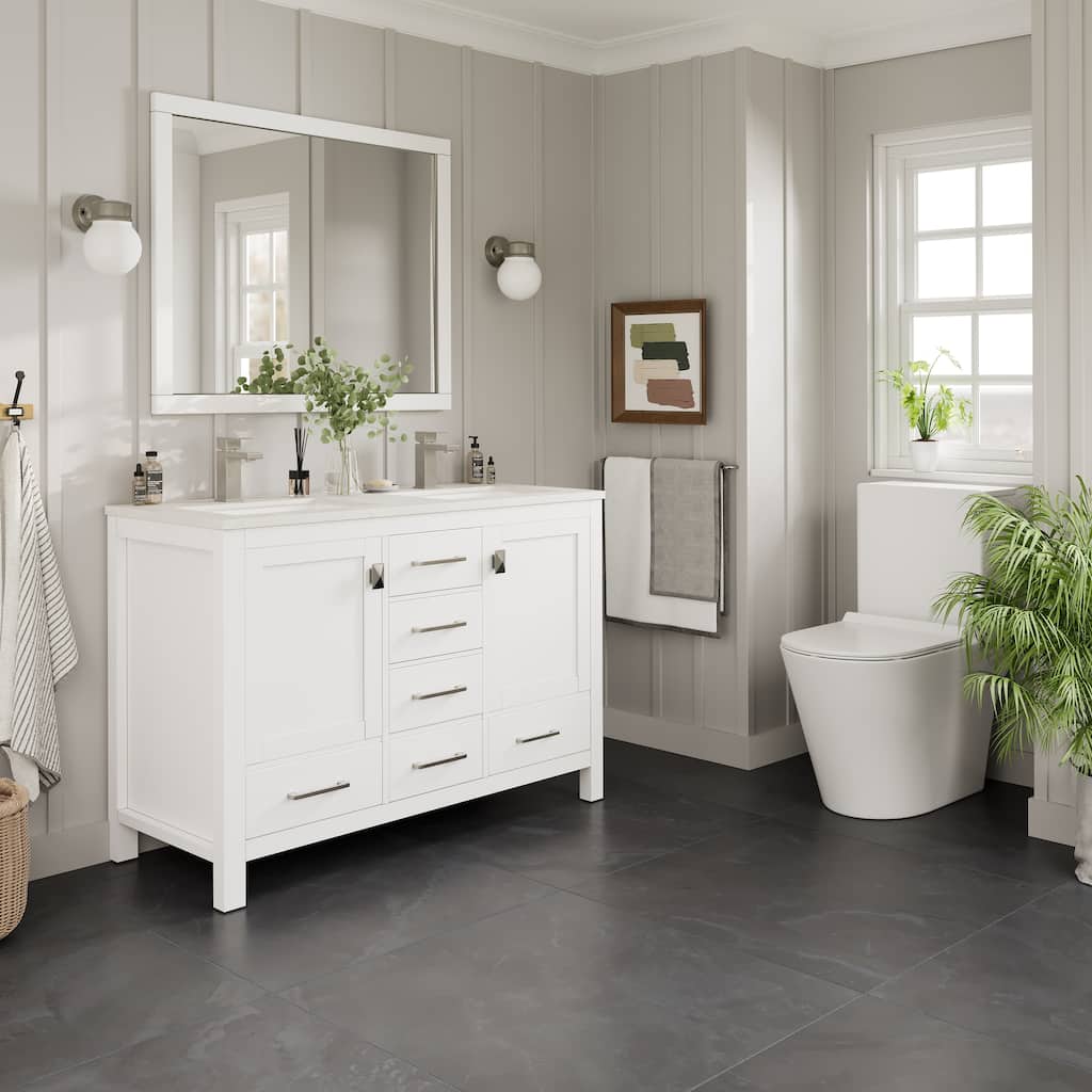 Eviva London 54"W x 18"D White Double Sink Bathroom Vanity with White Carrara Quartz Vanity Top