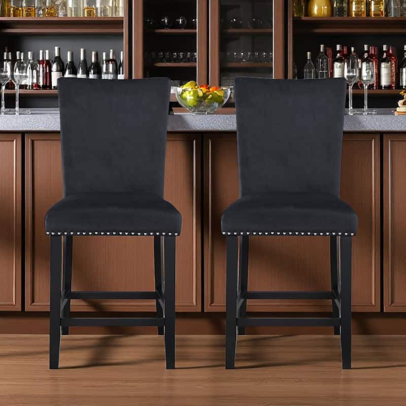 HomeRoots Set of Two 25" Black Wood and Velvet Counter Height Bar Chairs - Counter Height - Black - Set of 2