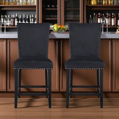 HomeRoots Set of Two 25" Black Wood and Velvet Counter Height Bar Chairs