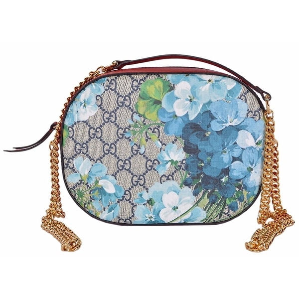 Shop Gucci Women&#39;s Beige / Blue GG Coated Canvas Small Bloom Chain Bag 409535 8492 - Free ...