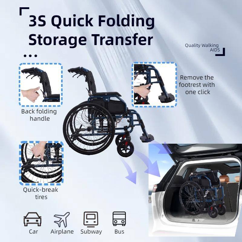 Aluminium multi-functional manual wheelchair. Hand brake. 24-inch quick detachable wheel. One-button adjustable handrail