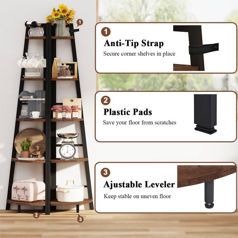 5Tier Black Metal Wood Corner Bookshelf, Narrow Corner Bookcase