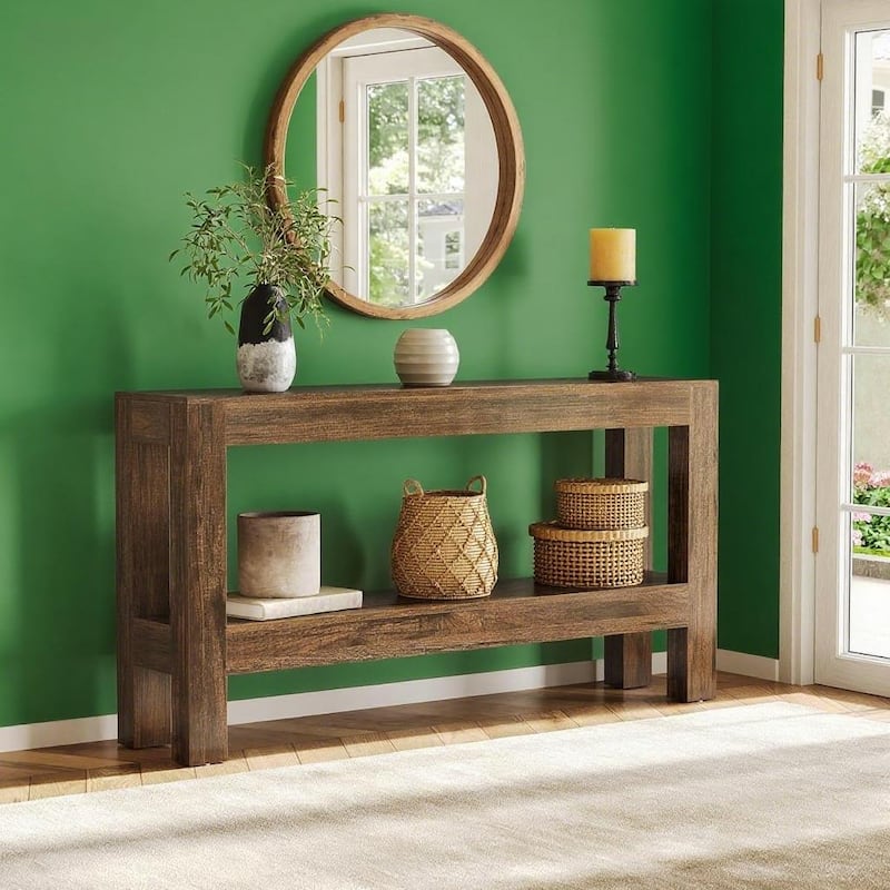 Brown MDF Console Table with 2-Tier Shelf and Rustic Entryway Design - 62.99” L x 13.78” W x 33.46” H