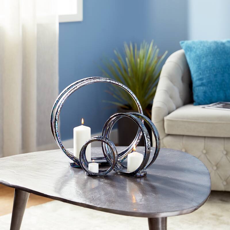 Silver Ceramic Pillar 3 Plate Candle Holder (Set of 3) - 14 x 5 x 13Round