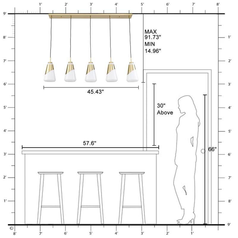 5-Light Gold Pendant Light with White Opal Glass Cone Shades - W 45.43-in