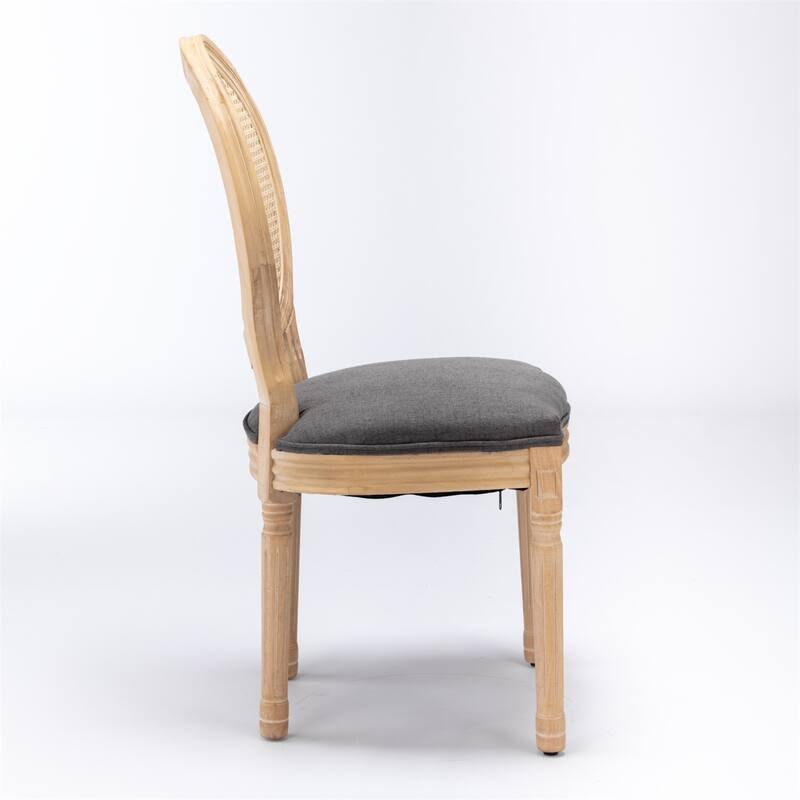 Set of 2 French Linen Upholstered Wood Dining Chairs with Rattan Back