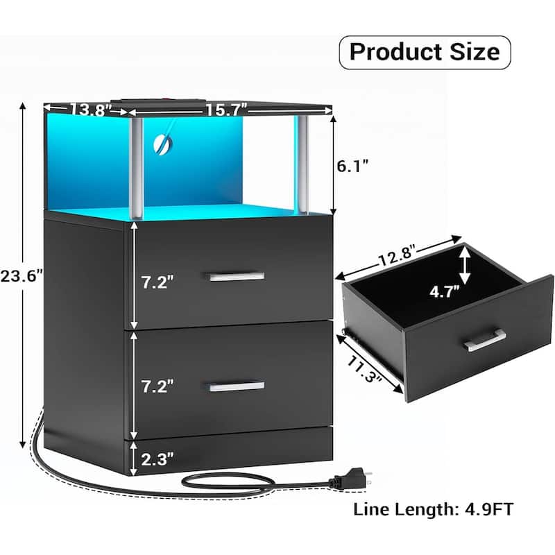 Nightstand with Open Storage 2 USB Ports Outlets 2 Drawers LED Light