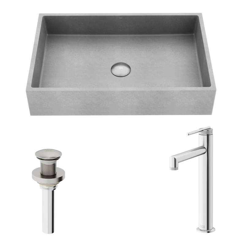 VIGO Orvieto 24"L x 15"W Concrete Vessel Sink and Sterling 11"H Faucet Set