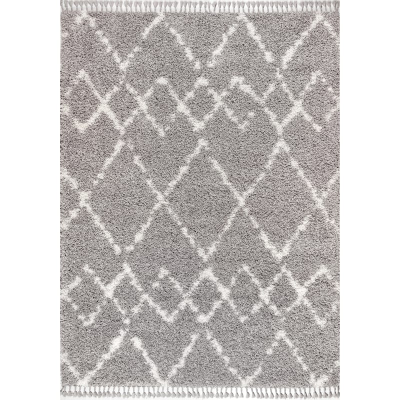 JONATHAN Y Modern Shag Plush Tassel Moroccan Tribal Geometric Trellis Area Rug - 3 X 5 - Grey/Cream