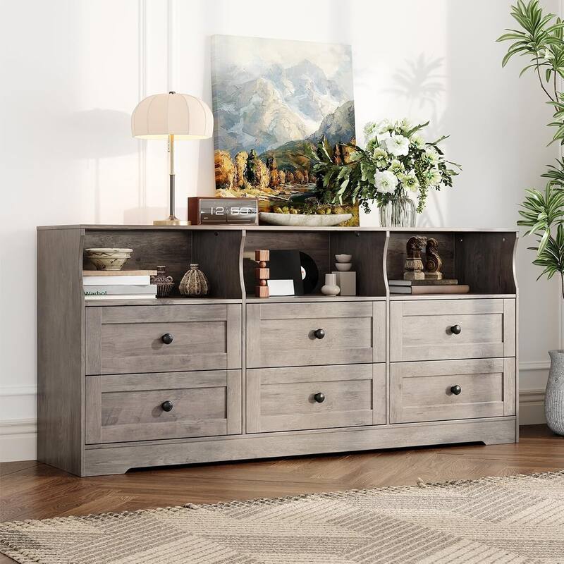 6 Drawer Dresser TV Stand for Bedroom with Charging Station & LED Lights - Grey