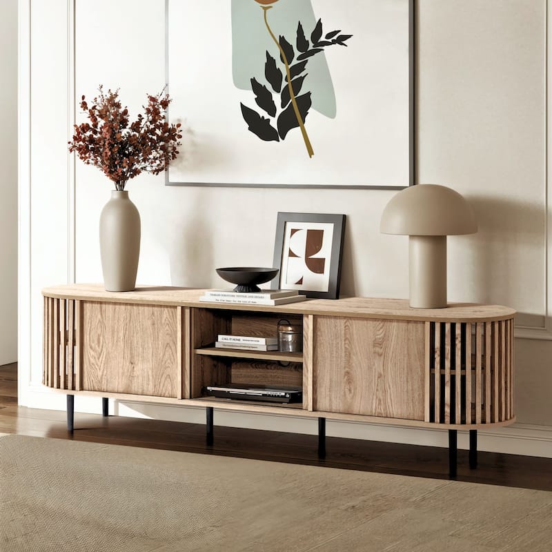 Light Oak Finish Engineered Wood 2-Door and Open Storage TV Console - 70.87" W