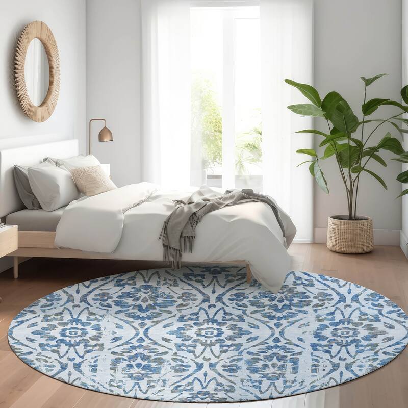 Premium Washable Super Soft Floral Damask Mayfield Rug - Sky - 8' x 8'