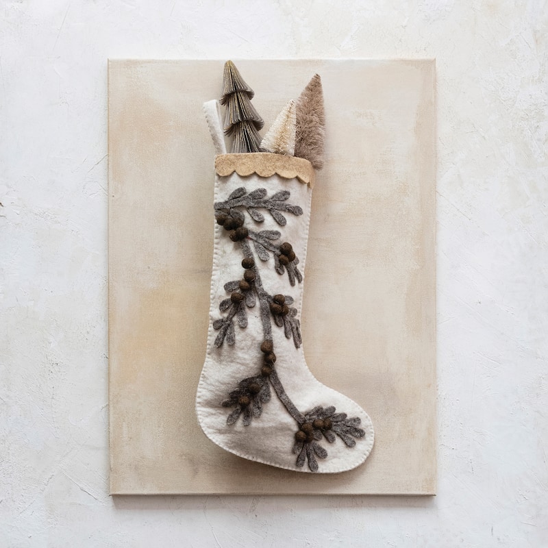 Handmade Wool Felt Stocking with Appliqued Branch - Christmas Stockings - Multi