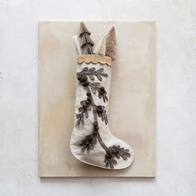 Handmade Wool Felt Stocking with Appliqued Branch