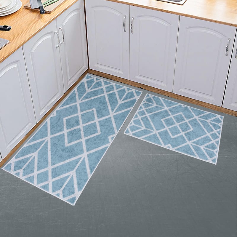 Non-skid Washable Kitchen Runner Rugs (Set of 2) - Set of 44 x 24 and 31.5 x 20 Inches - Amore-Teal