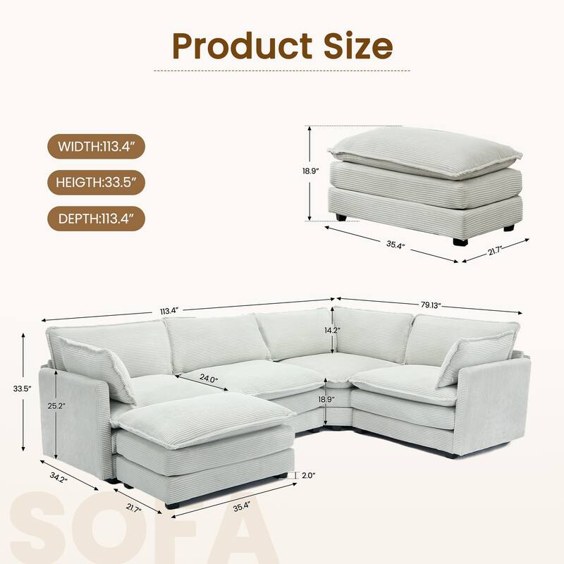 5-Seater Corduroy Sectional Sofa with a Removable Ottoman & Corner Seat, Soft & Comfortable - 4 Seats with 1 Ottoman