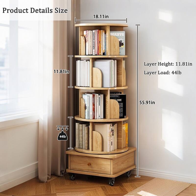 360 Degree Rotating Bookshelf Corner Storage Shelf with Drawer for Living Room Bedroom Office