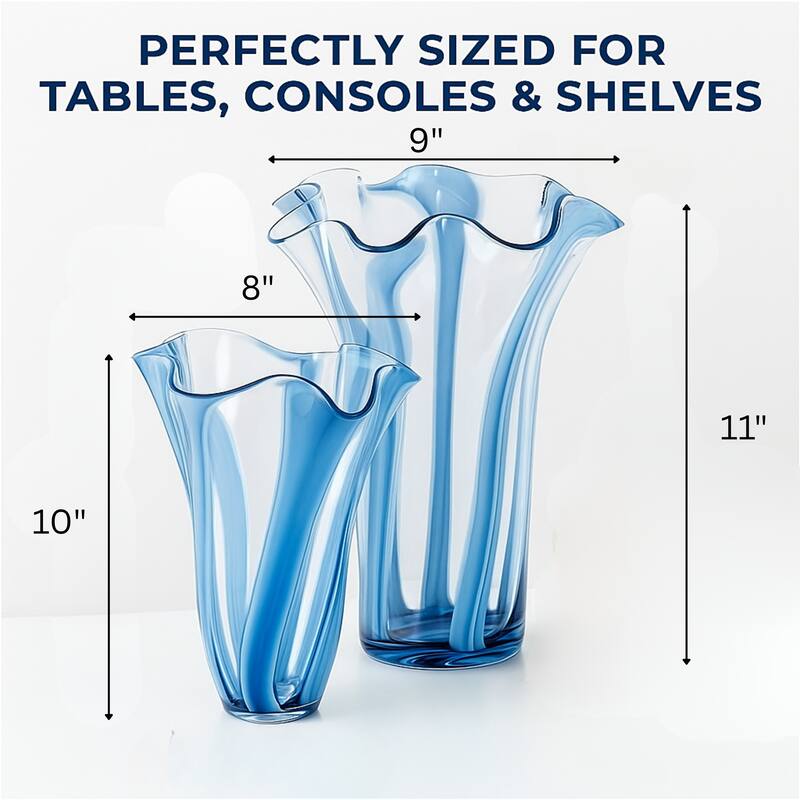Blue Striped Handblown Glass Set of Two Scalloped Edge Vases