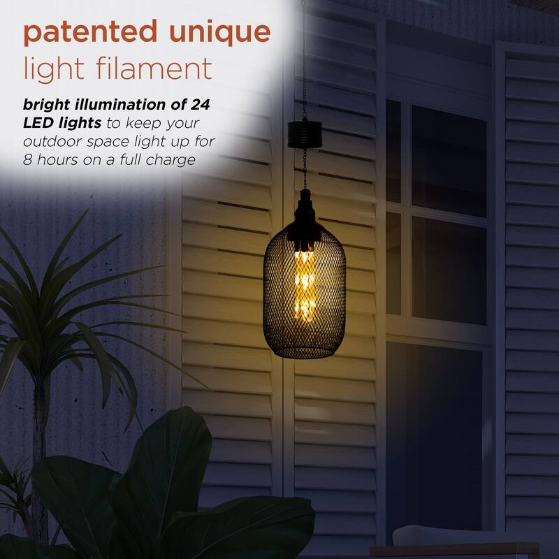 Alpine Corporation 12" Tall Hanging Solar Powered Outdoor Mesh Lantern with LED Lights, Black