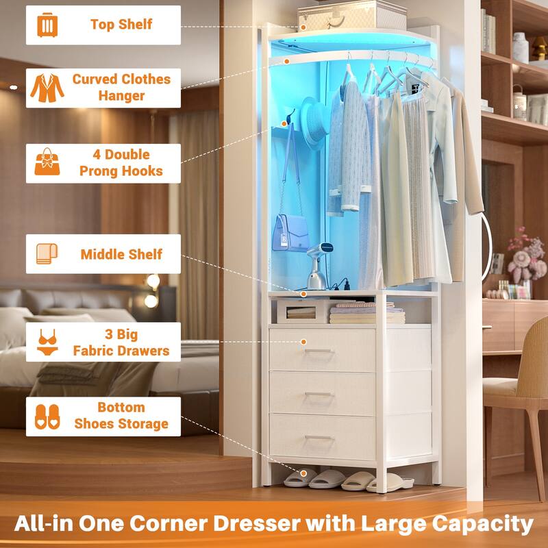 Corner Garment Rack with Power Outlets & LED Lights, Closet Organizer with 3 Fabric Drawers