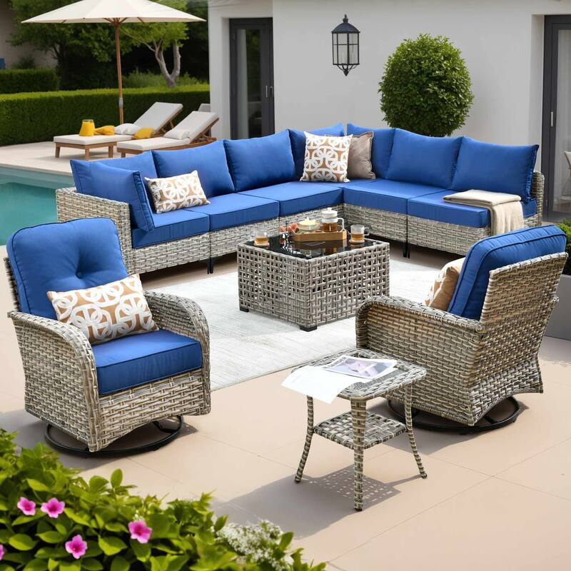 OVIOS 10 Pieces Outdoor Wicker Swivel Chair Set With Solar-Powered Coffee Table - NavyBlue
