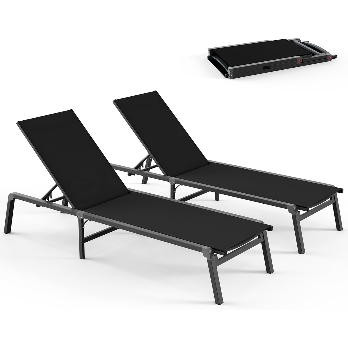 Set of 2 Foldable Aluminum Outdoor Chaise Lounge Chairs with 5-Position Recliner for Poolside, Beach, and Yard - Black
