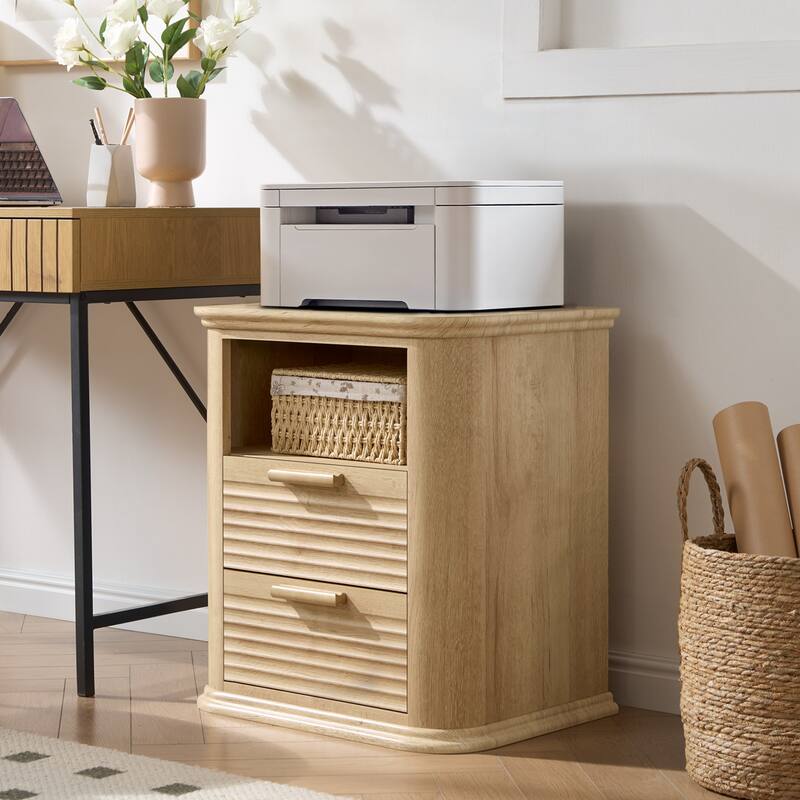 22" Fluted Night Stand with Charging Station, End Table with 2 Drawers & Open Storage, Side Tables Curved Profile Design