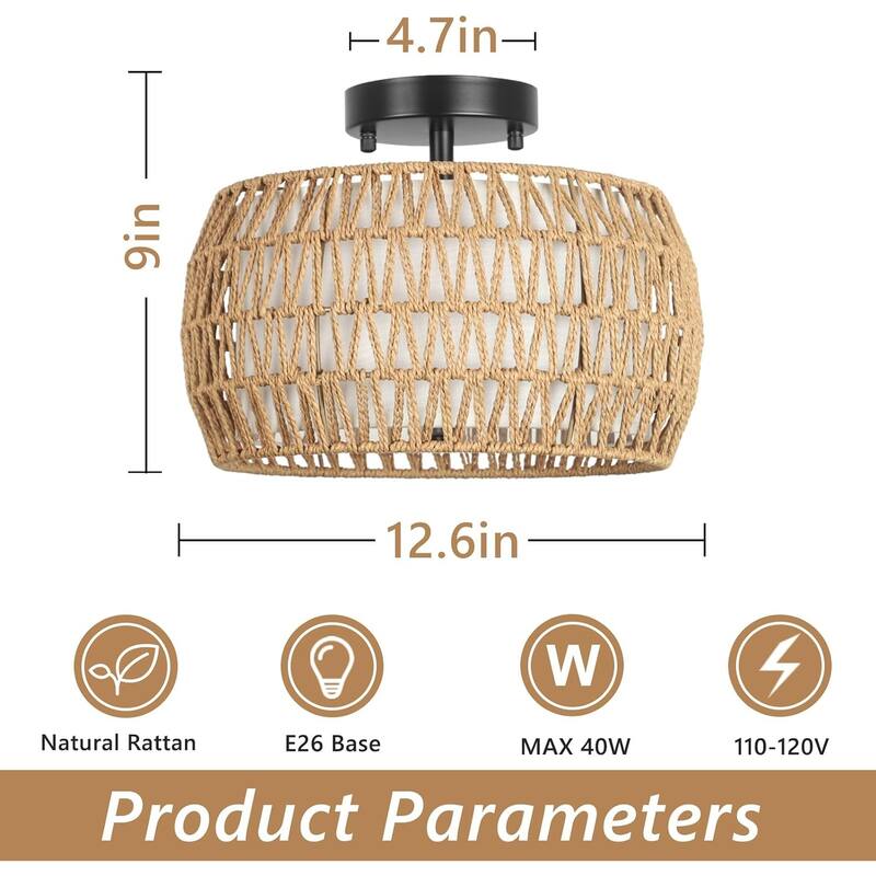 3-Lights Woven Rattan Flush Mount Ceiling Light Fixture with Hand-Worked Cage Shade for Bedroom, Kitchen, Foyer, Porch