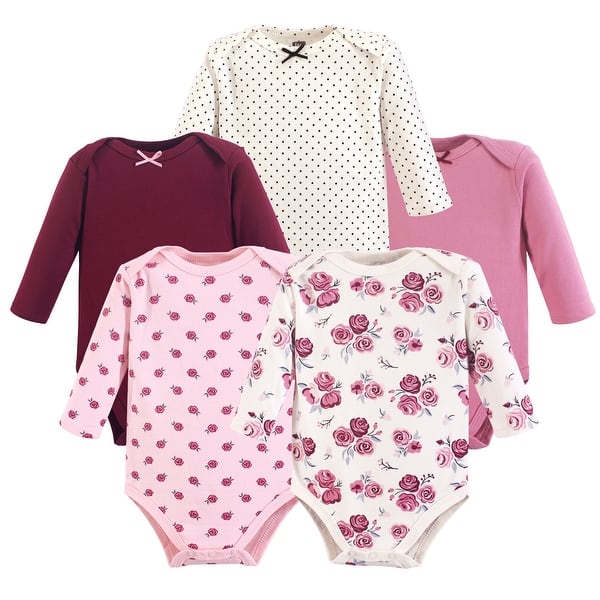 slide 1 of 1, Hudson Baby Infant Girl Cotton Long-Sleeve Bodysuits 5pk, Rose 0-3 Months - Rose 5-Pack