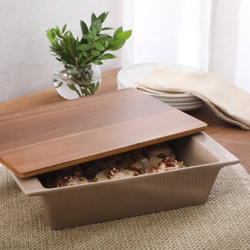 Gibson Elite 2 Quart or 2.75-Quart Stoneware Baking Dish with Acacia Wood Lid - Taupe Rectangular Oven Safe Baker