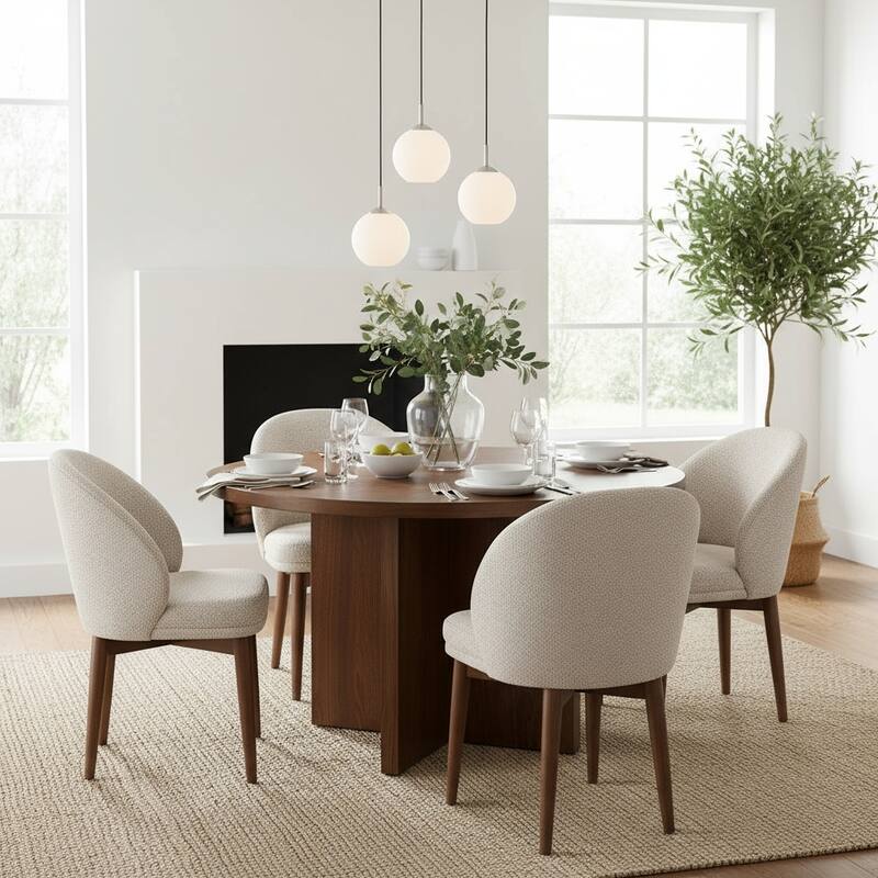 Upholstered Barrel Dining Chair With Walnut Legs (Set of 4) - Beige