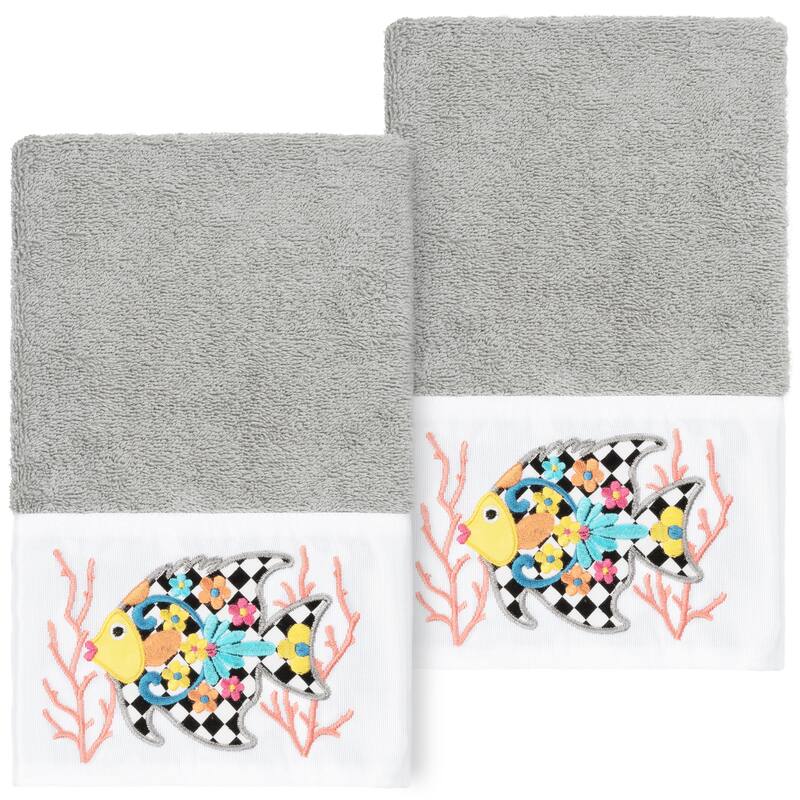 Authentic Hotel and Spa 100% Turkish Cotton Feliz 2PC Embellished Hand Towel Set - Light Gray