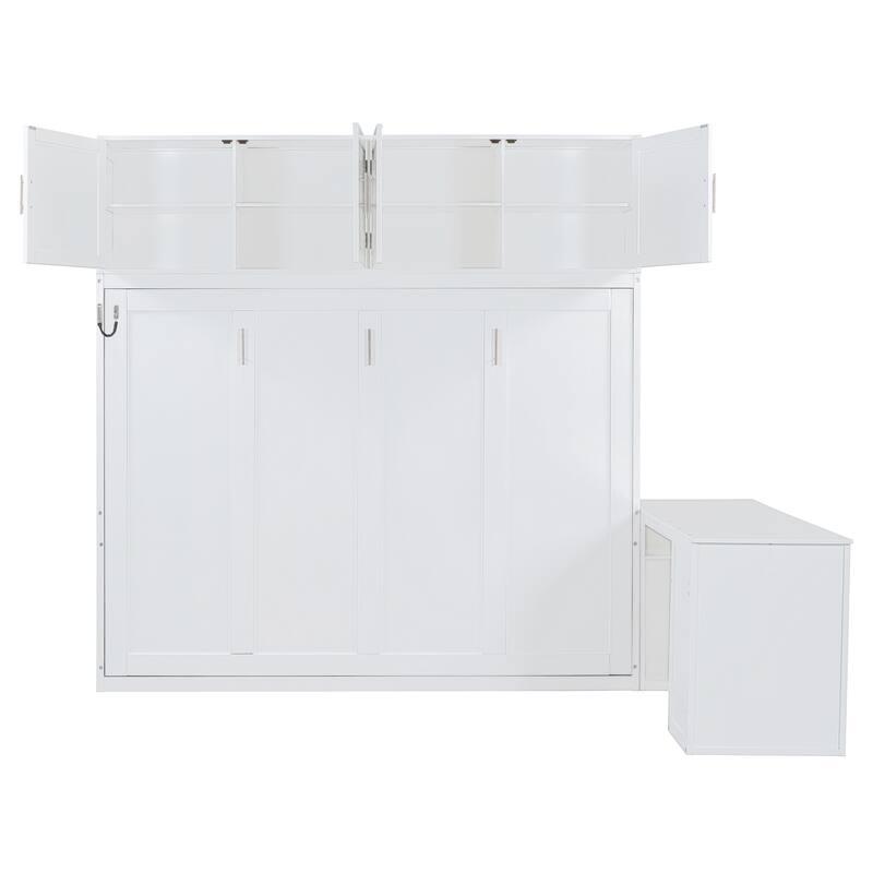 Queen Size Wall-Mounted Murphy Bed with Desk and Storage Cabinets, White/Gray