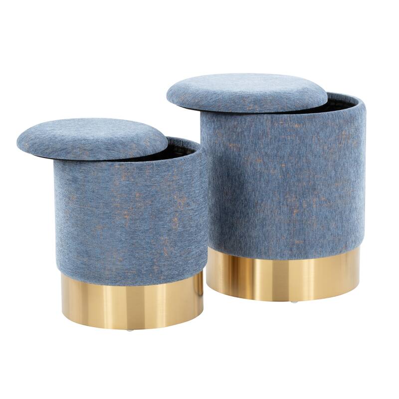 Marla Contemporary Nesting Ottoman Set in Gold Metal and Plush Fabric by LumiSource - Blue
