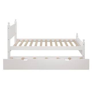 Full Size Platform Bed Frame with Headboard and Trundle for Teens, Solid Wood Slat Support Bed White Frame Bed