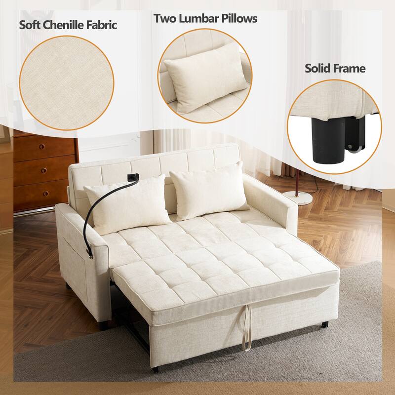 Roomfitters Loveseat Pull-Out Sofa Bed with Reversible Backrest Cushion, Side Pockets, USB Ports, and Phone Holder