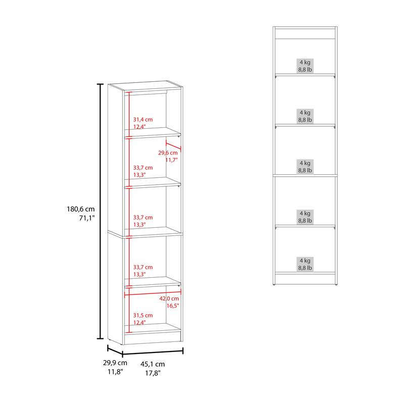 Home Slim 5 Shelves Narrow Bookcase With Open Shelves, Stained Walnut