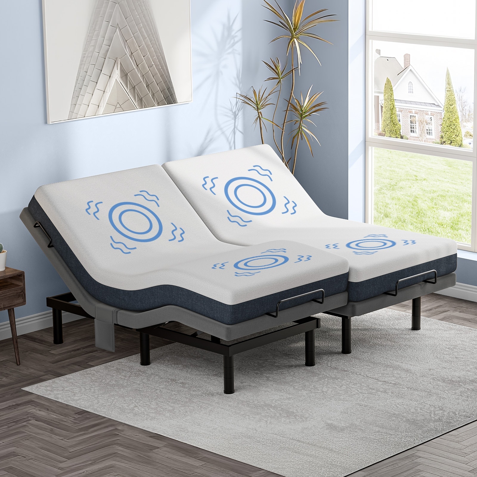 Twin Split King Size Adjustable Bed Base Frame with Massage - On