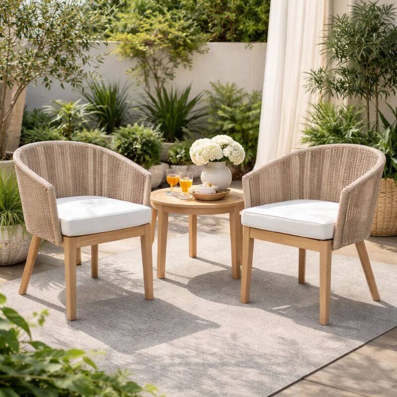 Dexi 24 Inch Set of 2 Dining Chairs, Acacia Wood Frame, Beige Woven Rope