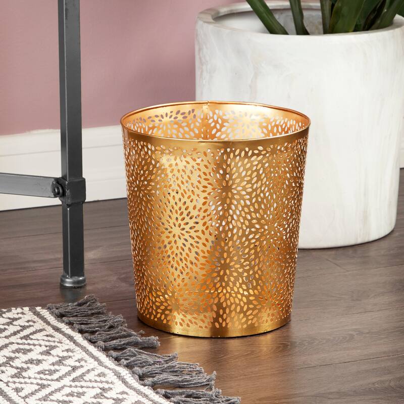 CosmoLiving by Cosmopolitan Gold Metal Small Waste Bin with Laser Carved Floral Design - 9 x 9 x 10