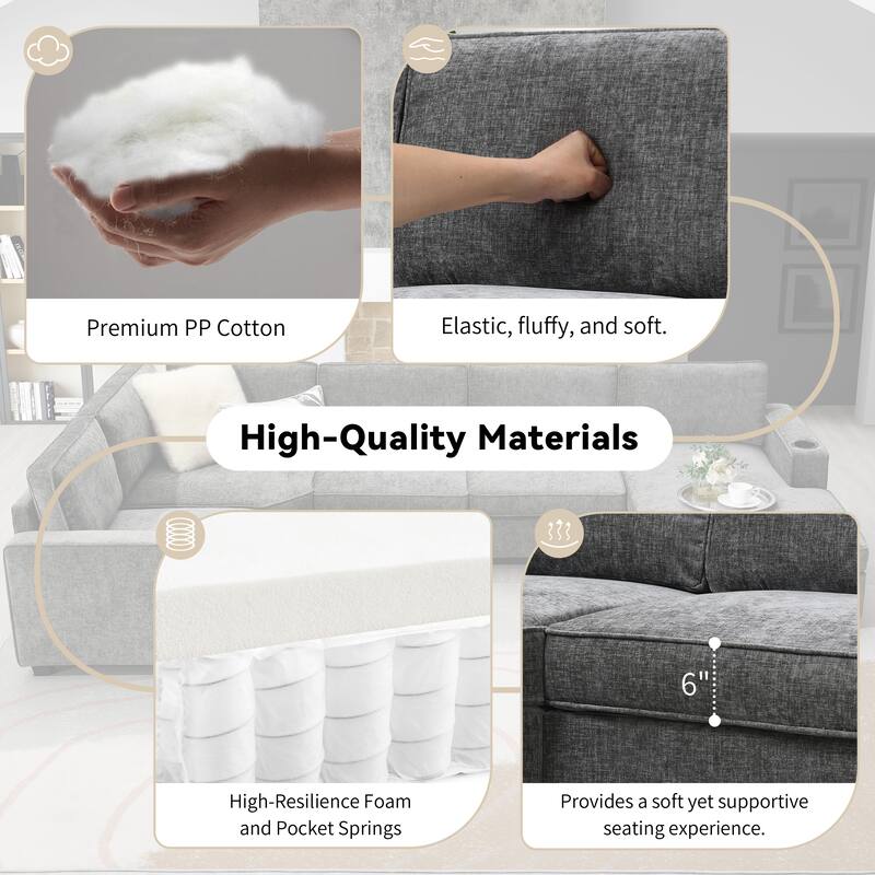 119" U Shaped Sectional Sofa, 6 Seat Oversized Chenille Corner Couch Set with Chaise Lounge and Cup Holders