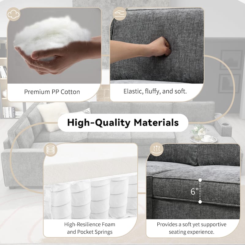 Roomfitters 119" U Shaped Sectional Sofa, 6 Seat Chenille Corner Couch with Deep Wide Seat and Chaise Lounge